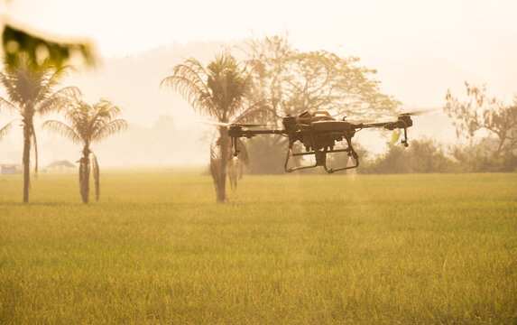 An agricultural drone while use to soil and field analysis.