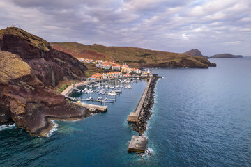 Quinta do Lorde village on the coast of Madeira island, Portugal in the Atlantic Ocean. Aerial drone view