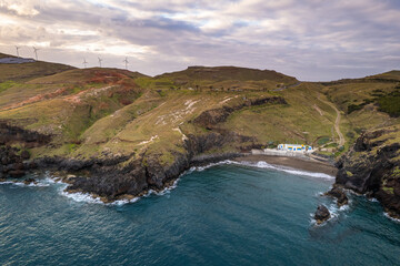 Quinta do Lorde village on the coast of Madeira island, Portugal in the Atlantic Ocean. Aerial drone view