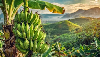 Green bananas growing on trees. Green tropical banana fruits close-up on banana plantation - obrazy, fototapety, plakaty