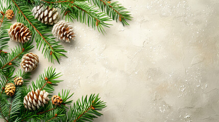 A white background with pine needles and pine cones