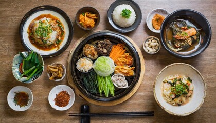 Korean foods served on a dining table.