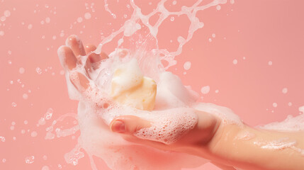 Fototapeta premium Effervescent Joy of Handwashing, Playful splash and soap suds on hands against a coral backdrop