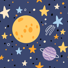 Hand drawn cosmos pattern. Cute planets, stars and comets abstract patterns. Perfect for kids fabric, textile, nursery wallpaper. Vector illustration.