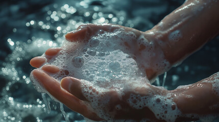 Fototapeta premium Close-up of hands with soapy water and bubbles