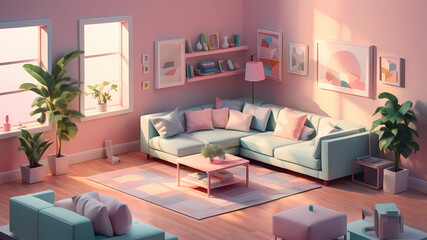 cube cutout of an isometric living room, isometric 3d render, pastel colors, soft lighting, high detail behance, ray tracing