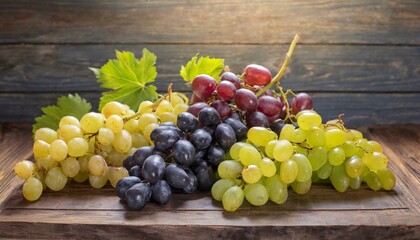 Set of grapes of different varieties and colors isolated on a wooden background 