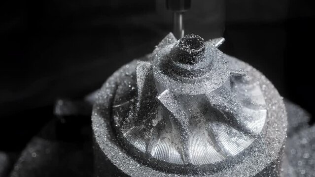 CNC milling of metal impeller on industrial machining center.