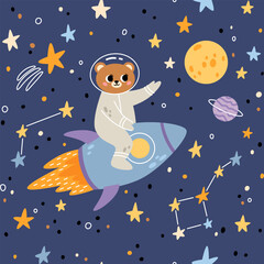 Seamless childish pattern with bear, planets, rockets and stars. Creative kids texture for fabric, wrapping, textile, wallpaper, apparel. Vector illustration.
