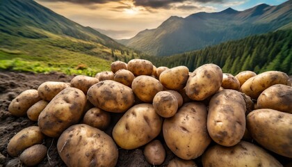 Top down view of many organic freshly dug potatoes. Agricultural background texture - obrazy, fototapety, plakaty