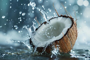 Coconut water, natures own sports drink, drips from a freshly cracked shell, offering a taste of the tropics and replenishing electrolytes with every refreshing gulp - obrazy, fototapety, plakaty
