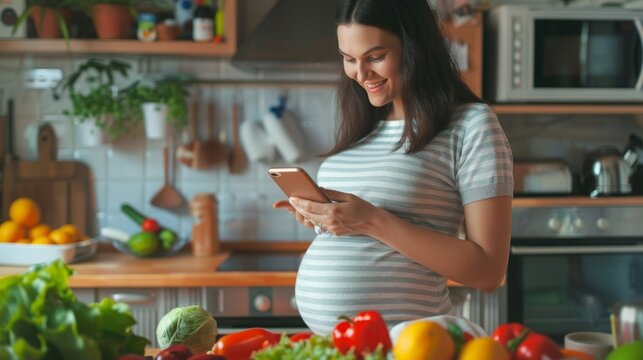 Pregnant Woman Using Cell Phone in Kitchen - Powered by Adobe