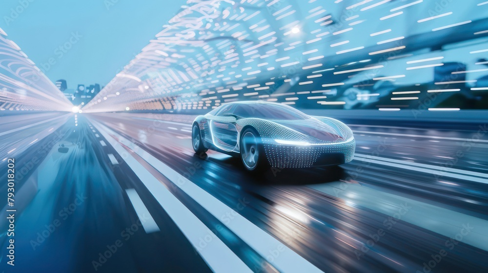 Aufkleber futuristic car driving on a highway with light lines created with generative ai
