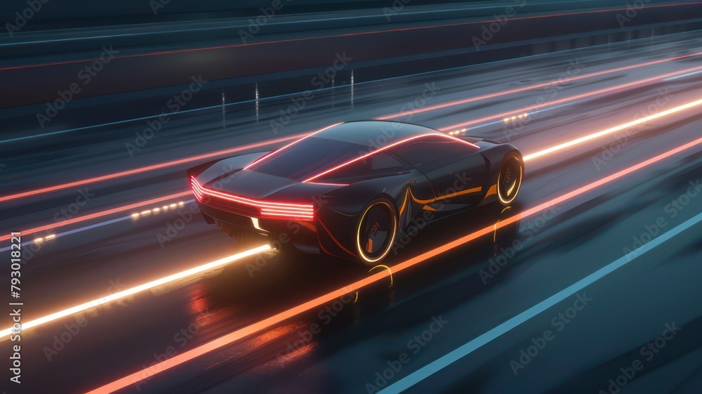 Poster futuristic car driving on a highway with light lines created with generative ai