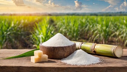 White Sugar with fresh Sugar cane on wooden table with Sugar cane plantation farming background.