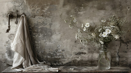 A vase of white flowers sits on a table next to a towel