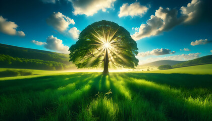 Radiant sunrays pierce through the silhouette of a solitary tree, casting long shadows over a vibrant, green meadow