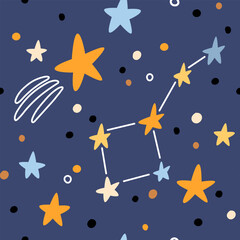 Hand drawn cosmos pattern. Cute stars and comets abstract patterns. Perfect for kids fabric, textile, nursery wallpaper. Vector illustration.