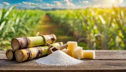 White Sugar with fresh Sugar cane on wooden table with Sugar cane plantation farming background.