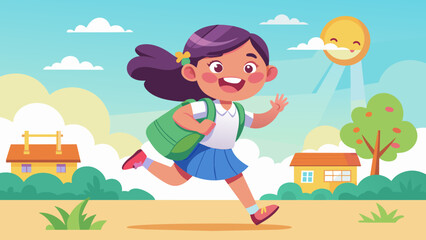 Obraz na płótnie Canvas schoolgirl-with-backpack-on-back-runs-to-school-wi