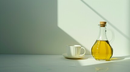 A transparent bottle of cooking oil with cup