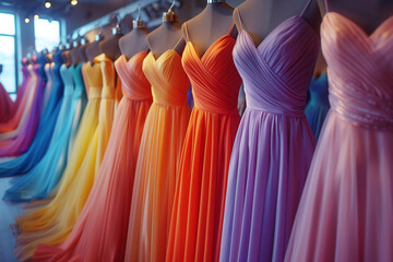 Many colorful elegant formal dresses for sale in modern shop boutique. Dress rental for various occasions and events