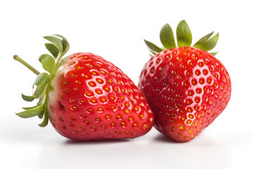 Two red ripe fresh strawberries with strawberry leaves on isolated white background. Organic farm food, fresh market, supermarket, healthy products.