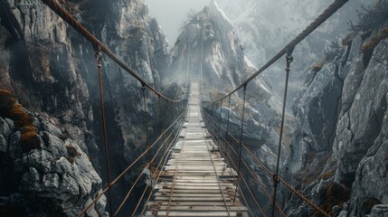 suspension bridge with fog on a mountain