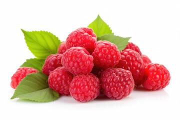 Small pile of red ripe fresh raspberries with raspberry leaves on isolated white background. Organic farm food, fresh market, supermarket, healthy products.