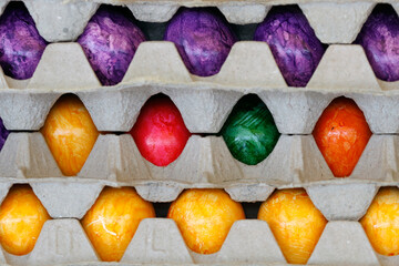 Closeup of multicolored dyed eggs for the traditional Easter celebration.