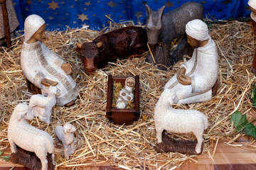 Nativity scene with holy family. Birth of Jesus.