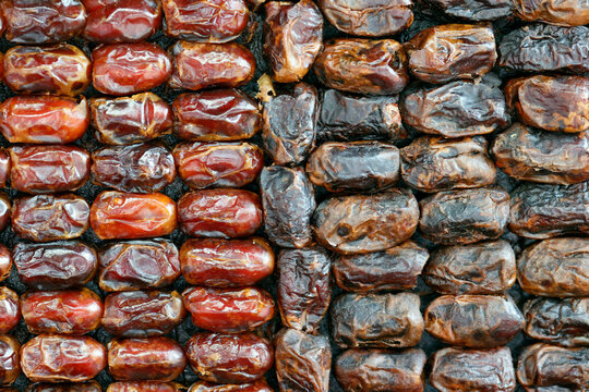 Special food for ramadan. Dates (date palm fruits) displayed on the food market.