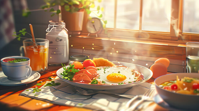 tasty anime manga breakfast, eggs, desert, morning, illustration, lofi vibes