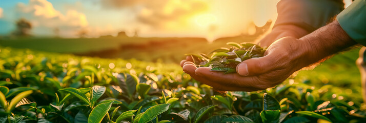 Human hands in close-up collecting tea leaves on a warm sunny day on a large tea plantation in Asia. Banner, place for text
