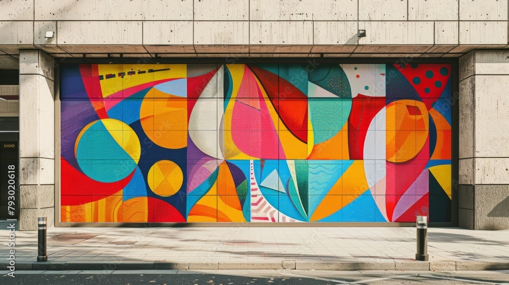 Poster blank mockup of a building mural showcasing a bold and abstract interpretation of a traditional mosa