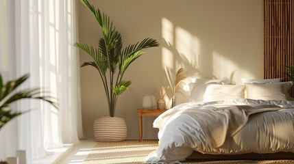 bedroom with daylight cosy interior background, clean cosy interior