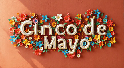 Fiesta banner with words, text for Cinco de Mayo celebration. May 5, federal holiday in Mexico. Hispanic style with flowers