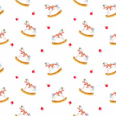 Beautiful watercolor hand drawn seamless pattern with cute rocking horse toy. Children toy horse clip art.