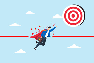 Businessman superhero breaking barriers to reach bullseye target illustrating overcoming difficulties or challenges to achieve success. Concept of determination to solve obstacles and reach goals