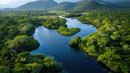 Fototapeta na wymiar Aerial view of a river winding through lush mountains and trees