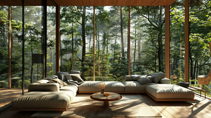 Living room in the forest minimal interior design