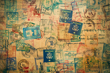Background with various stamps in passport. Travel texture in the form of stamps in passport 