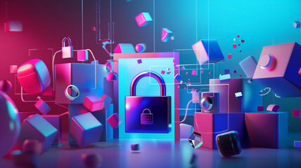 Conceptual 3D illustration highlighting the importance of privacy and security on social media platforms, emphasizing encryption, two-factor authentication, and privacy settings for user protection.