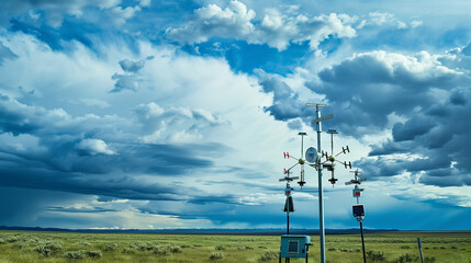 Meteorological instruments at a weather station track atmospheric conditions with precision.