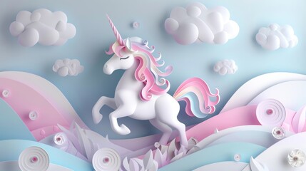 Charming 3D paper unicorn in a dreamy landscape of clouds and pastel swirls bringing to life a childs fantastical imagination