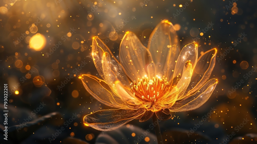 Poster delicate flower aglow with translucent light bathed in golden warmth creating an ethereal scene of m