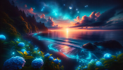 Fototapeta premium where the cosmos playfully merges with the earthly, stars sprinkling magic over hydrangea blooms, the ocean mirroring a sky alive with astral wonder.