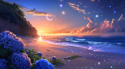 where the cosmos playfully merges with the earthly, stars sprinkling magic over hydrangea blooms, the ocean mirroring a sky alive with astral wonder.