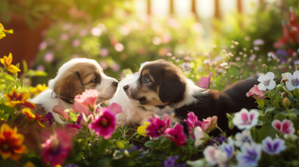 Among colorful flowers in a sun-drenched garden, adorable puppies playfully frolic, displaying joyful interactions and expressions in their enchanting surroundings