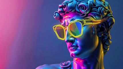 Greek statue gets a modern makeover adorned with glowing neon outlines and fashionable sunglasses bold and artistic